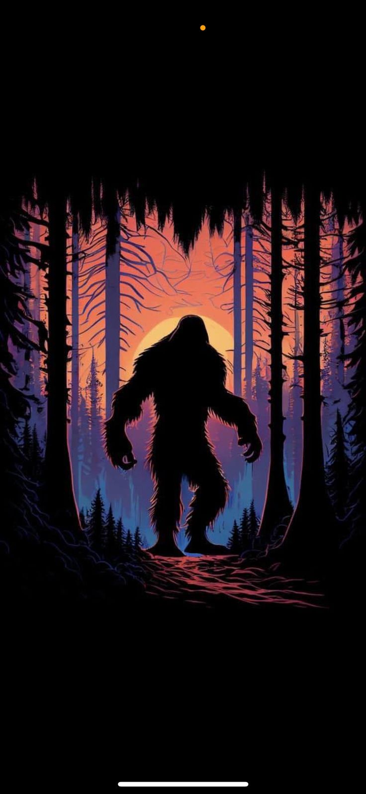 a bigfoot standing in the middle of a forest with trees and moon behind it