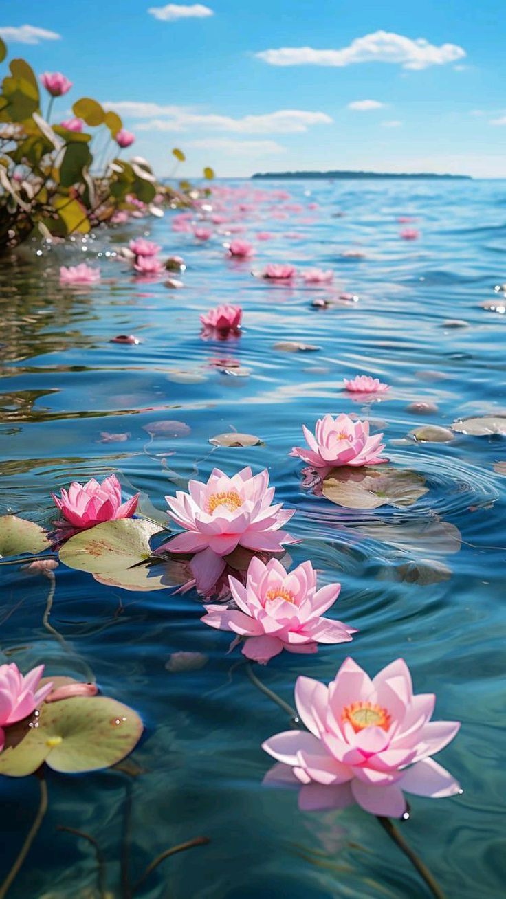 pink water lilies floating on top of a body of water