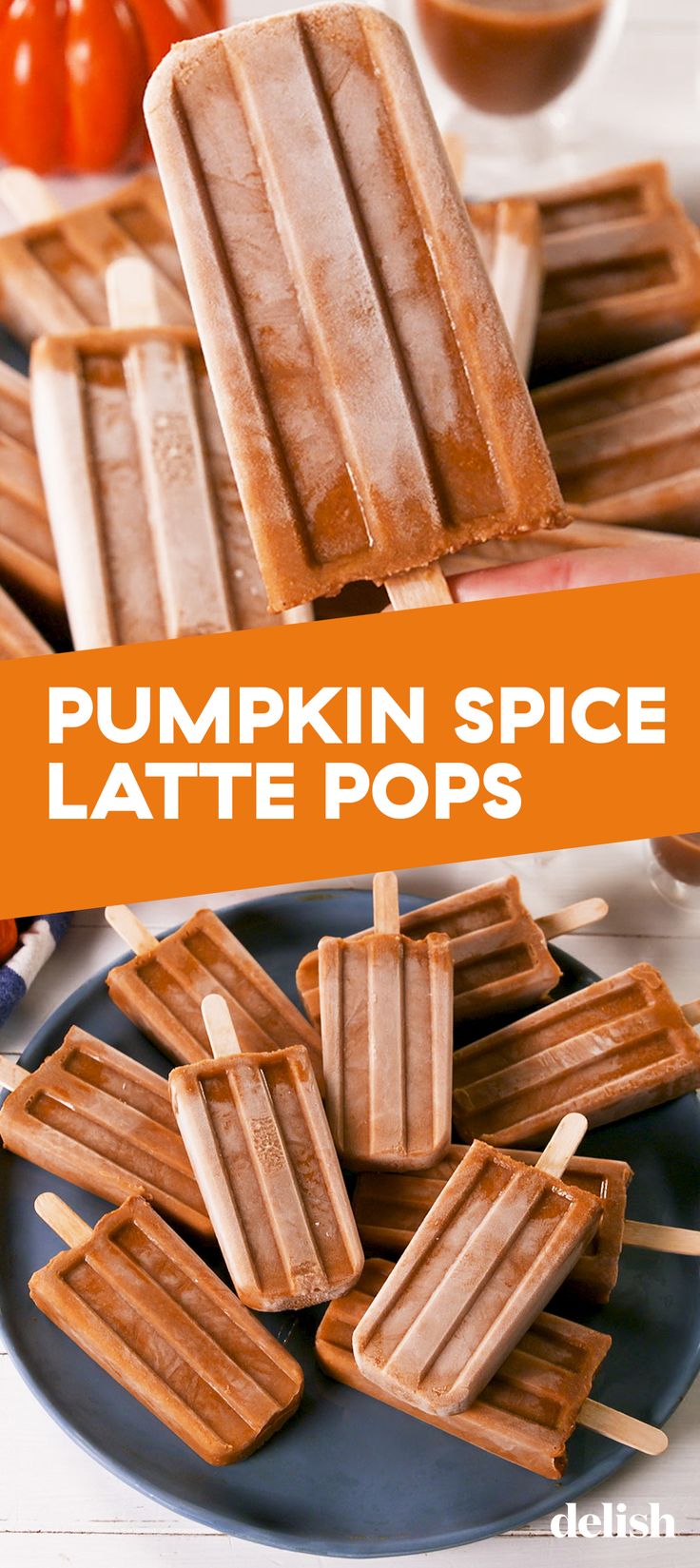 pumpkin spice latte pops on a plate with text overlay that reads pumpkin spice latte pops