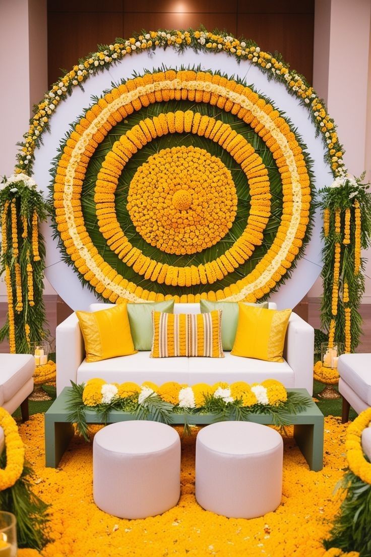 a living room decorated with yellow and white flowers