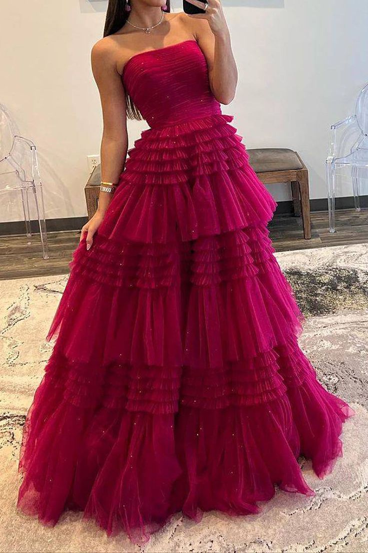 Prom Dress With Ruffles, Empire Style Dress, Ruffle Prom Dress, Off Shoulder Evening Dress, Formal Parties, Dress With Ruffles, Strapless Neckline, Tulle Ball Gown, Ball Gowns Prom