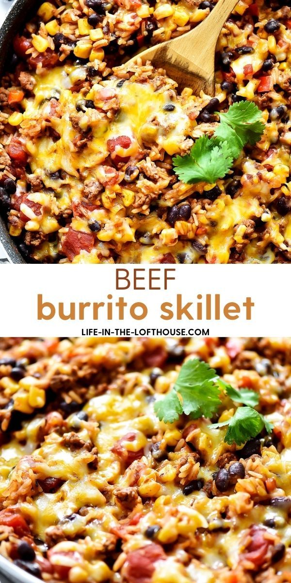 a skillet filled with beef burrito skillet and topped with cilantro