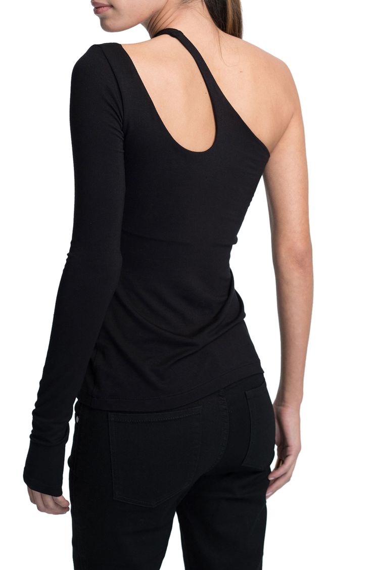 This close-fitting top is designed in a sleek shoulder-baring silhouette with an edgy neckline cutout. One-shoulder neck Single long sleeve 96% Tencel® lyocell, 4% elastane Tencel lyocell is a more-sustainably produced fiber made with closed-loop processing Machine wash, line dry Imported Night Out Tops With Minimal Stretch Elastane, Night Out Tops With Minimal Stretch, Elastane Tops With Minimal Stretch For Night Out, Off-shoulder Top For Night Out, Versatile Fitted One Shoulder Top For Night Out, Versatile Fitted One-shoulder Top For Night Out, Chic Fitted Top With Thumbholes, Sleek Fitted Top For Night Out, High Stretch Off-shoulder Top For Night Out