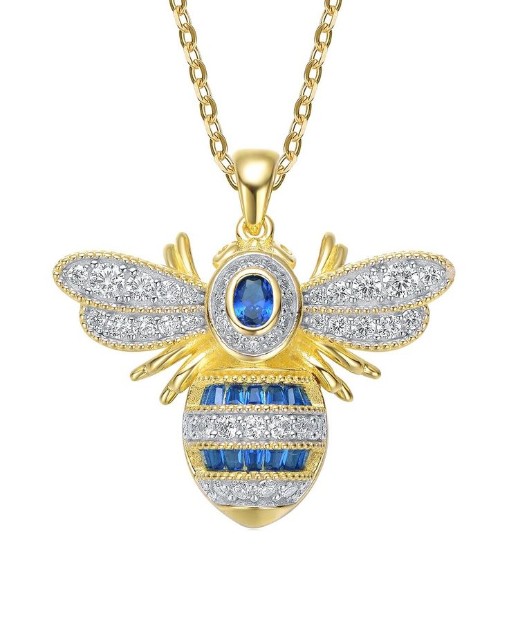 Genevive 14K Over Silver CZ Wasp Pendant Necklace / Gilt Bee Pendant, Necklace Online, Wasp, Watch Necklace, Gold Plated Sterling Silver, Spring Rings, Luxury Jewelry, Blue Sapphire, Womens Jewelry Necklace