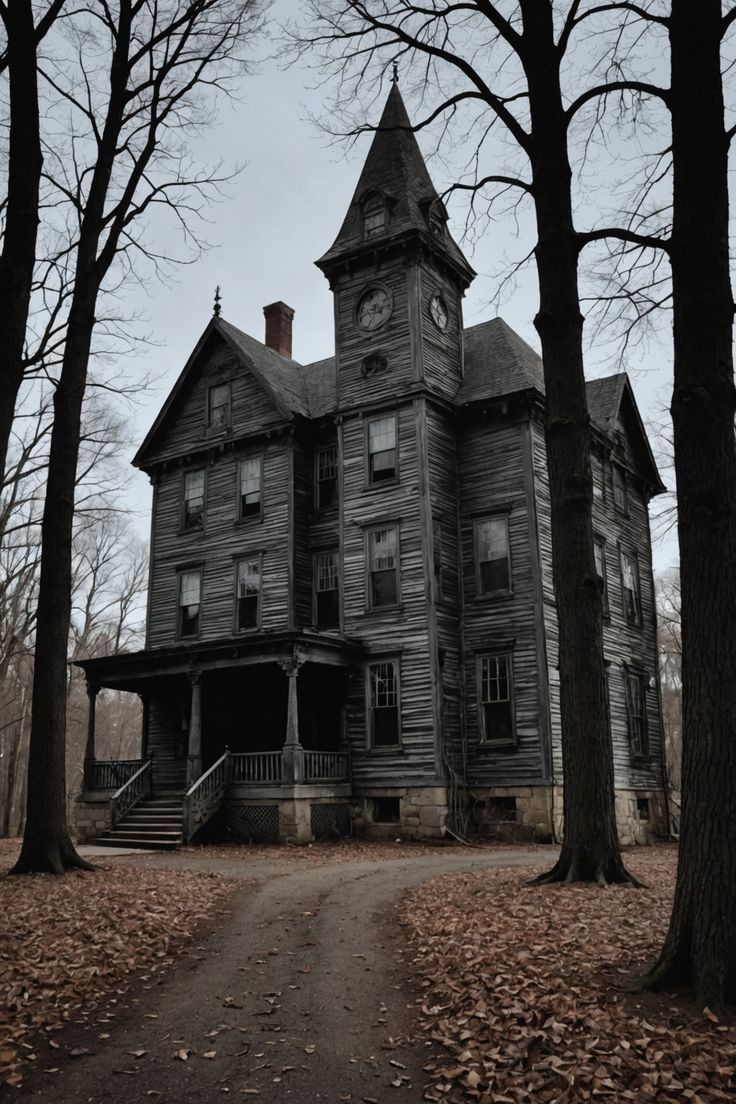 an old house in the woods with leaves on the ground