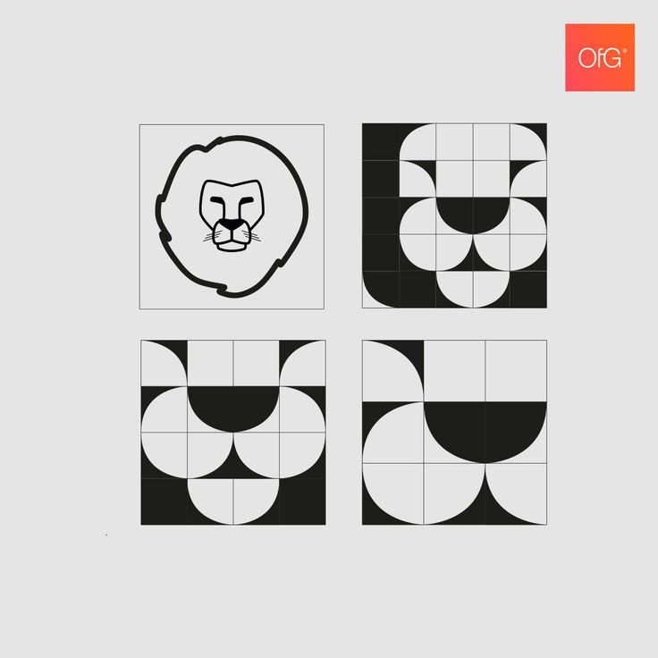 four squares with black and white designs on them, one has a lion's head