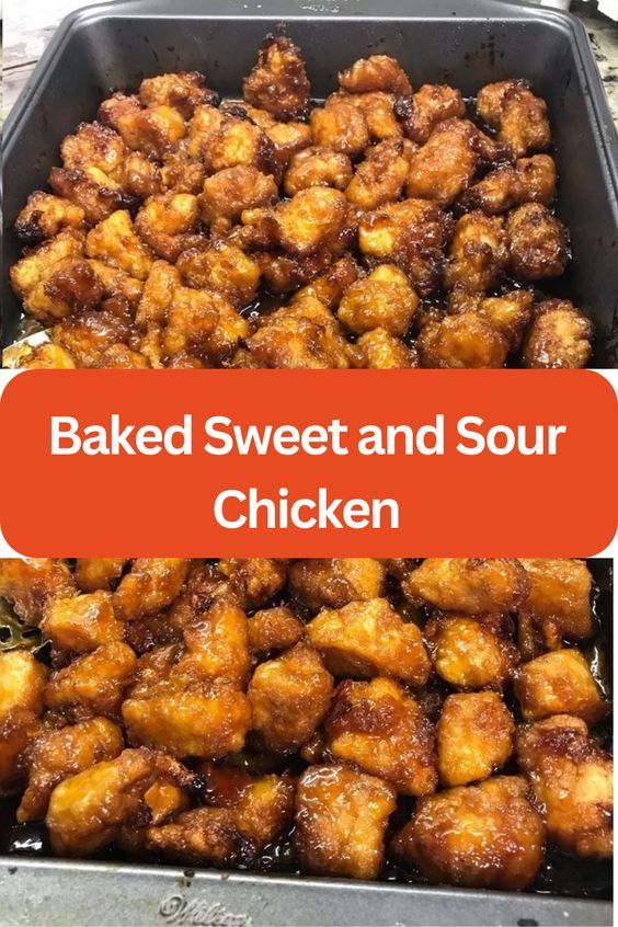 baked sweet and sour chicken in a pan with the words baked sweet and sour chicken