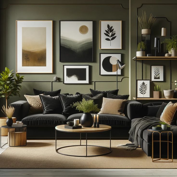 a living room filled with black furniture and pictures on the wall above it's coffee table