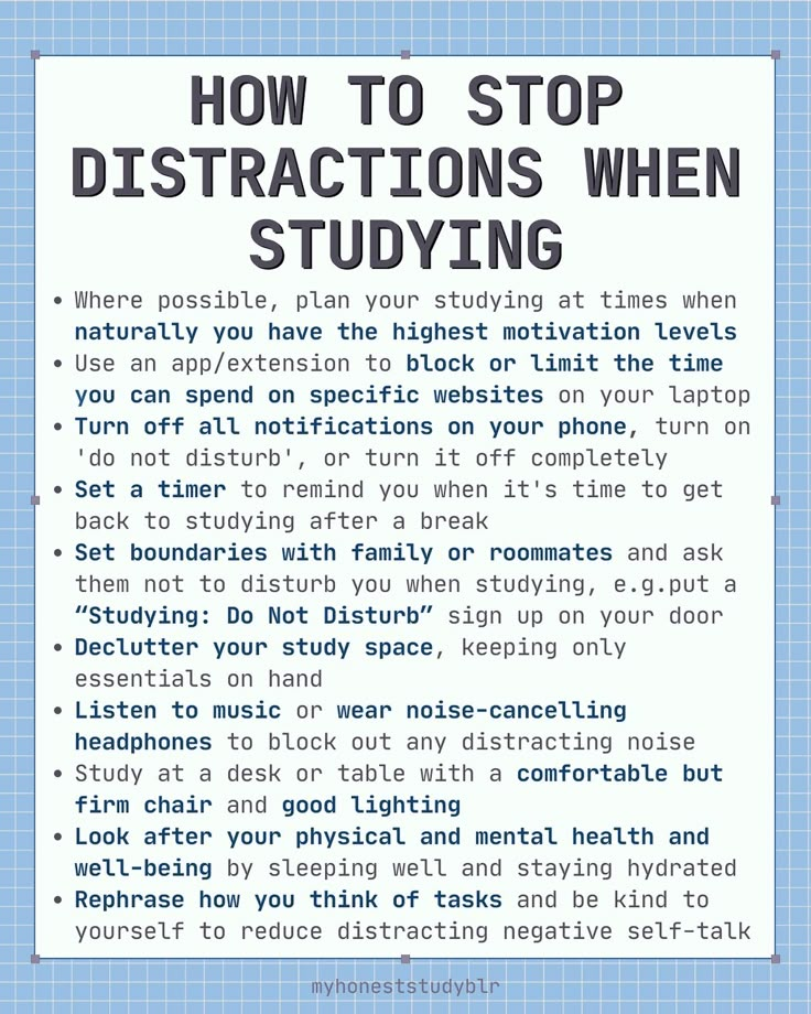 a poster with instructions on how to stop distraction when studying in the classroom