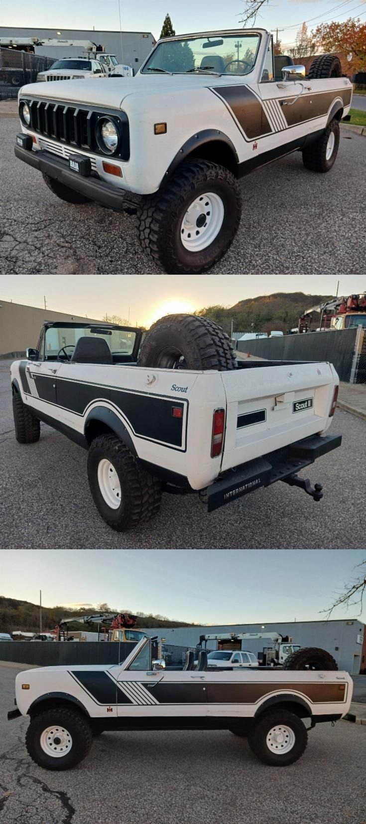 two pictures of the same truck in different positions, one is black and white with brown stripes