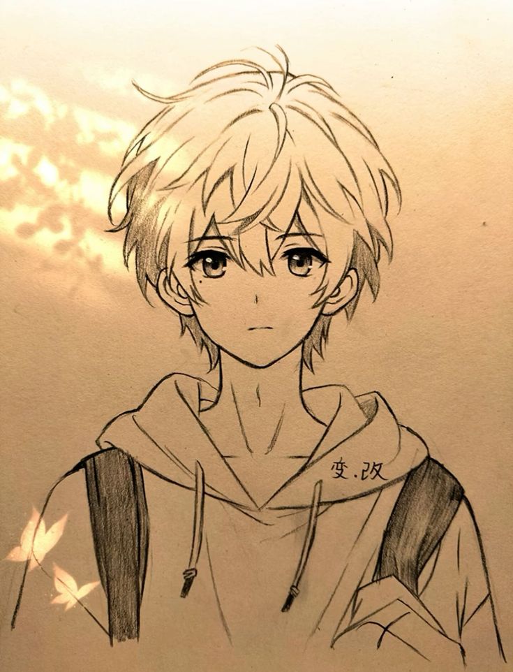 a drawing of a man with blonde hair and blue eyes, wearing a hoodie