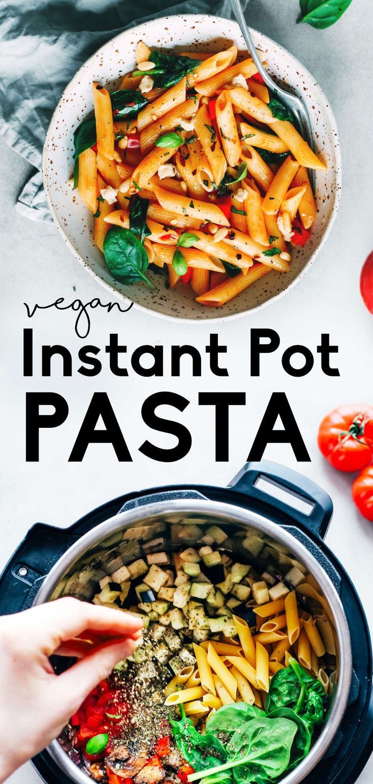 a pot filled with pasta and vegetables next to a bowl full of spinach leaves