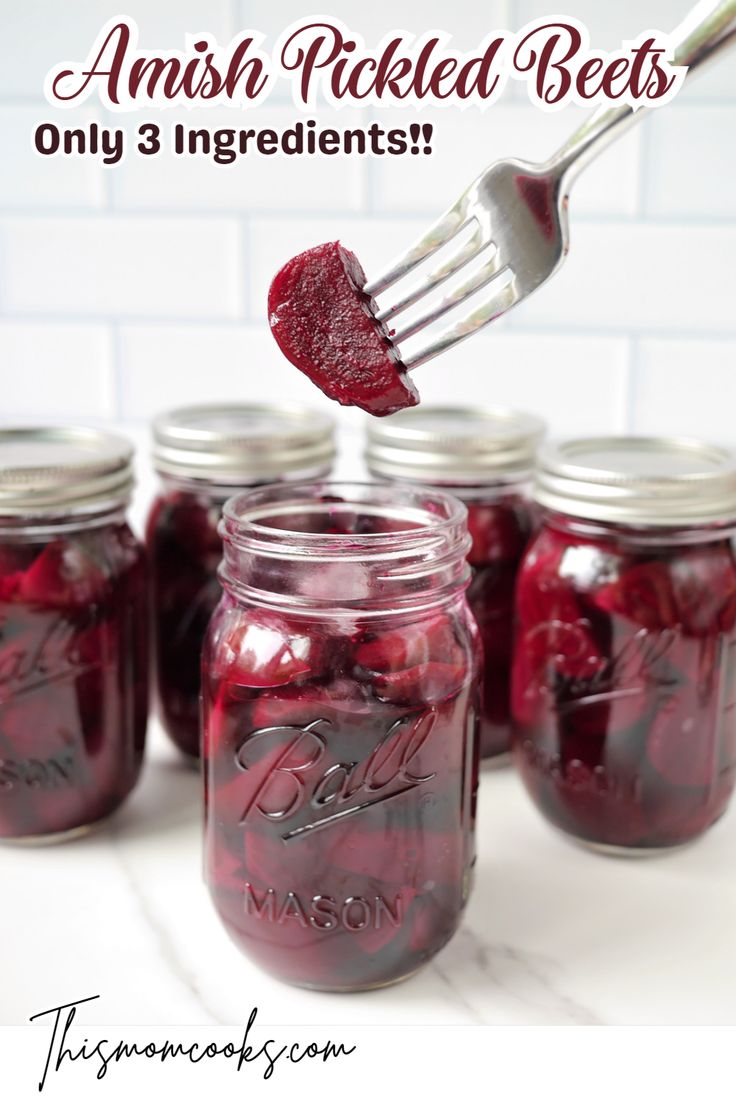 red pickled beets in mason jars with the words, how to pickled beets only 3 ingredients