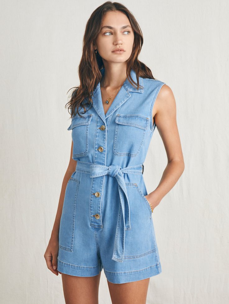 Linen Denim Romper - Sunlit Cove Wash Spring Utility Light Wash Jumpsuits And Rompers, Spring Washed Denim Jumpsuit For Work, Summer Utility Jumpsuits And Rompers In Medium Wash, Summer Utility Style Medium Wash Jumpsuits And Rompers, Spring Workwear Washed Denim Jumpsuit, Spring Light Wash Cotton Overalls, Light Wash Cotton Overalls For Spring, Spring Cotton Shortalls With Relaxed Fit, Washed Cotton Relaxed Fit Shortalls