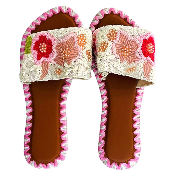 Whole Sizes: 6-10 Custom Hand Beaded Sandals Made to Order (allow 3-5 wks for delivery) *leave order note with size & for monogrammed style, also leave initials in order note See Beaded Collection ➡️ HERE White Embellished Summer Sandals, White Embellished Sandals For Summer, Casual White Beaded Sandals, Spring Embellished White Sandals, White Beaded Sandals For Vacation, White Embroidered Open Toe Sandals, Red Beaded Sandals For Summer, Spring Embellished Red Sandals, Red Embellished Sandals For Spring