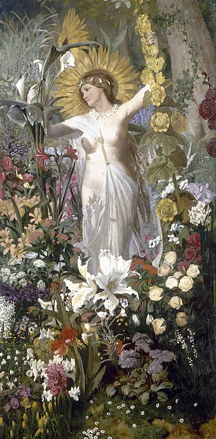 a painting of a woman surrounded by flowers