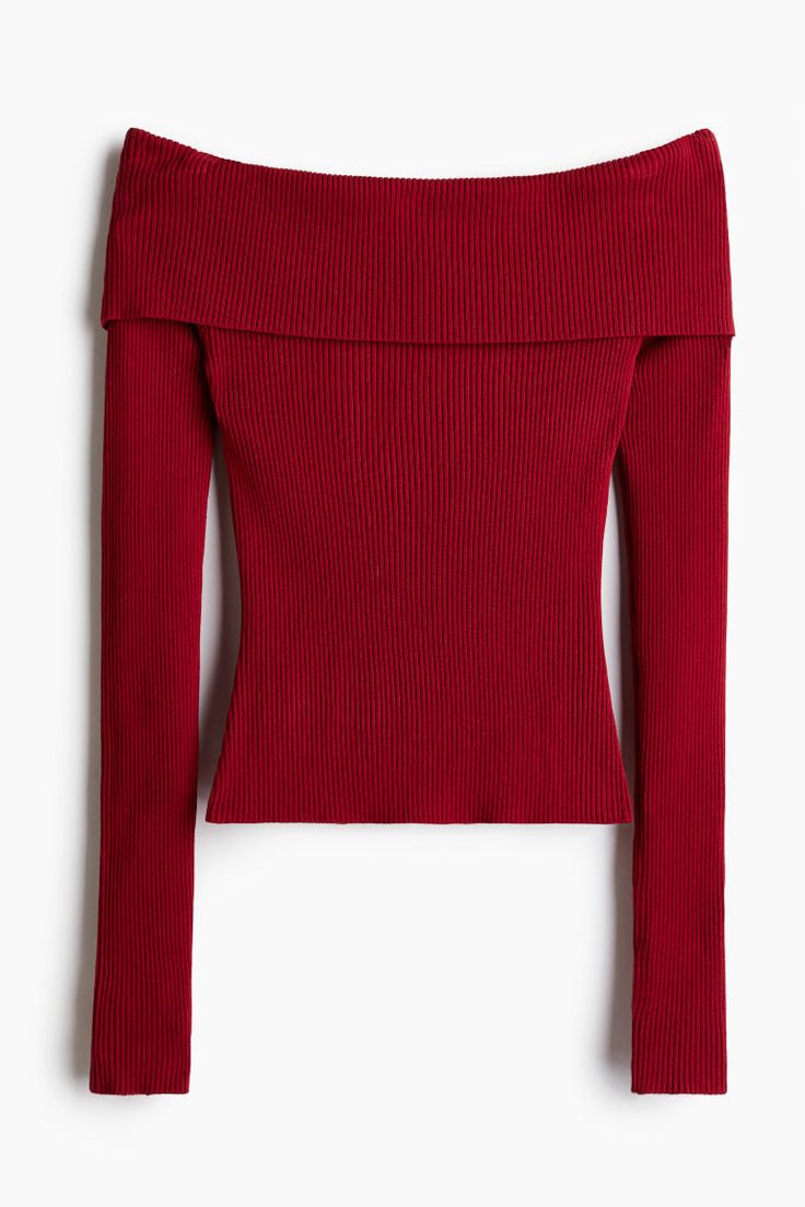 Short  fitted  off-the-shoulder top in a soft rib knit. Wide foldover upper edge and long sleeves. Off The Shoulders Top, Off Shoulder Red Sweater, Sweaters Off The Shoulder, Pretty Long Sleeve Tops, Red Off Shoulder Sweater, Red Off The Shoulder Sweater, Deep Red Clothes, Nice Tops For Women, Blair Waldorf Wishlist