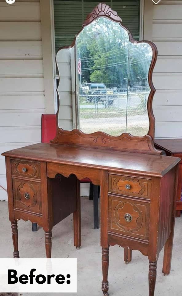 an old desk with a mirror on it and the words before written in front of it