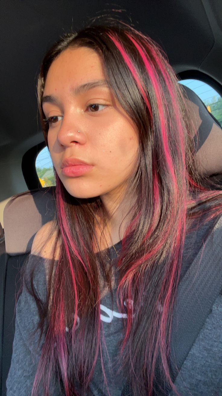 Hot Pink Underneath Hair Brown, Pink Hair Dye On Brown Hair, Brown Hair Pink Streaks, Brown Hair With Pink Underneath, Pink Streaks In Brown Hair, Pink Underneath Hair, Natural Dark Brown Hair, Draculaura Hair, Brown Hair With Pink Highlights