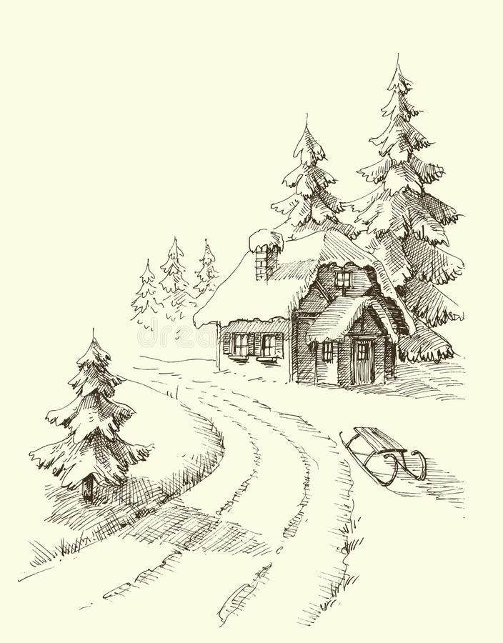 a drawing of a house in the snow with trees and sleds on it