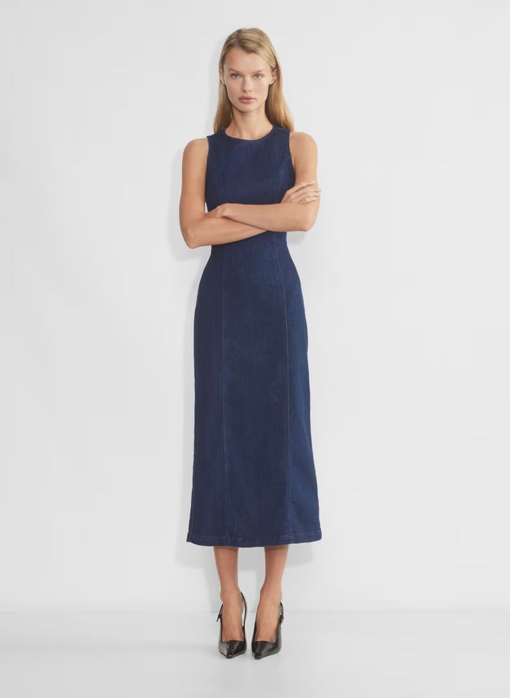 WESTEND DENIM DRESS | Aritzia Fitted Denim Midi Dress, Dark Denim Dress, Denim Maxi Dress Outfit, Jeans Dresses For Women, Work Dresses Women, Dress With Jeans, Womens Casual Dresses, Long Denim Dress, Denim Button Up Dress