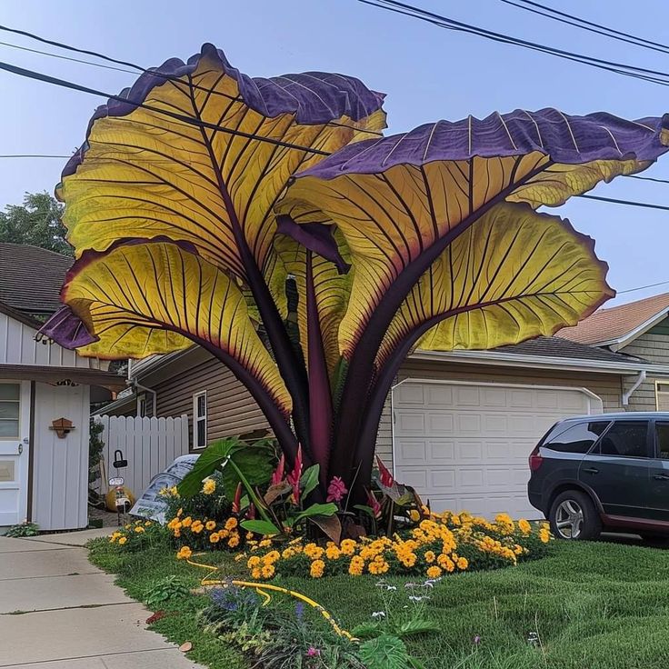 a car parked in front of a large yellow flower bed on the side of a road