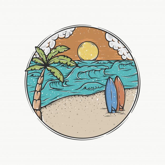 two surfboards on the beach with palm trees