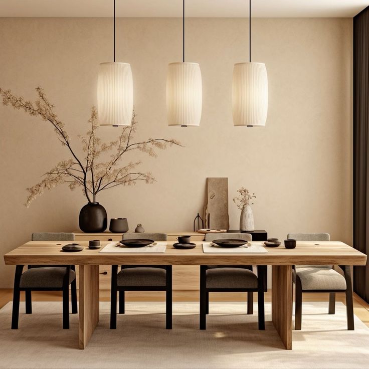 a dining room table with four chairs and a vase on the wall next to it