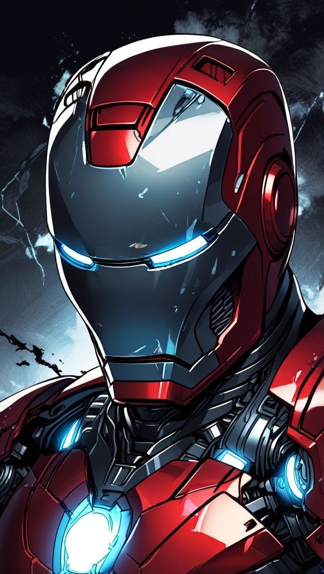 an iron man character with glowing eyes