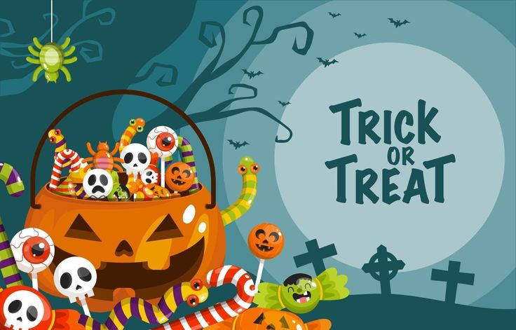 a trick or treat poster with pumpkins and candy