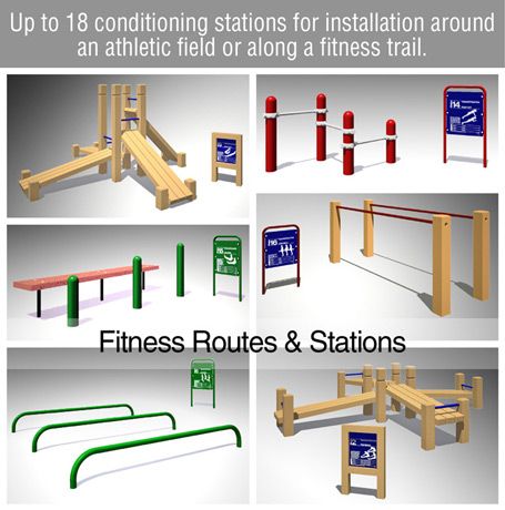 a series of photos showing different types of benches and signs with instructions for installation around an athletic field or along a fitness trail