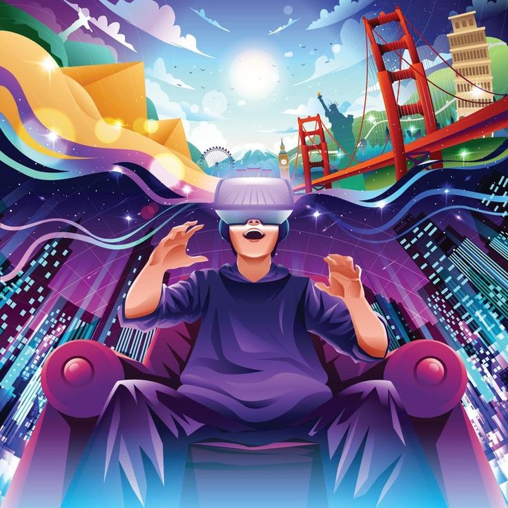 a man is sitting in a chair with his hands up to the side, while wearing a virtual reality headset