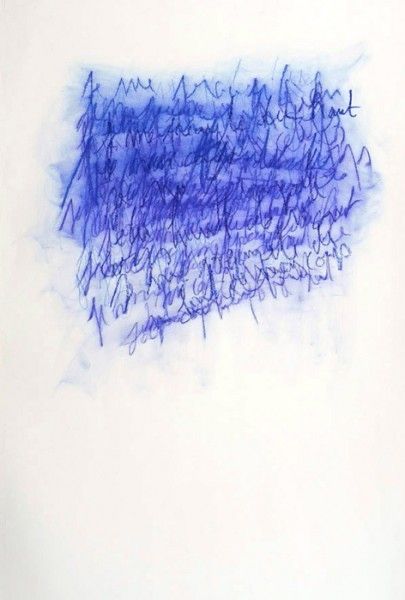 an abstract painting with blue ink on white paper