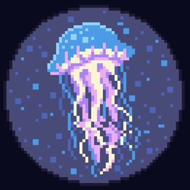 an image of a jellyfish in pixel art style on a black background with blue and pink colors