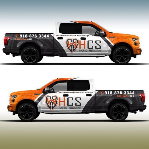 two side by side images of an orange and black truck with the words h c s on it