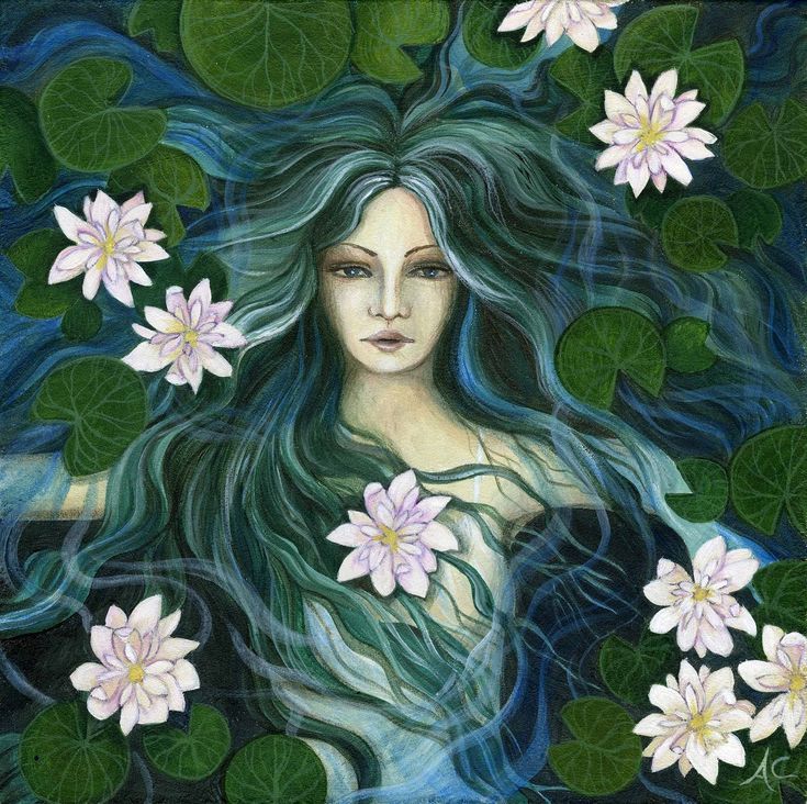 a painting of a woman surrounded by water lilies and lily pads with her hair blowing in the wind