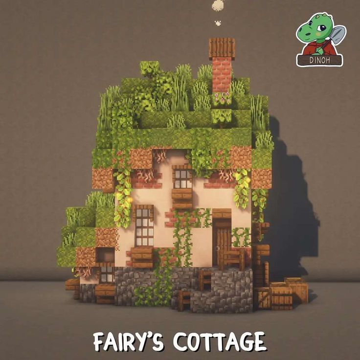 an animated image of a house with plants growing on the roof, and text fairy's cottage