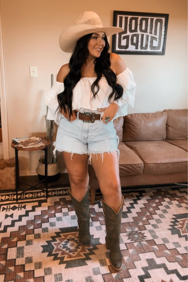 Clara Round Toe Cowboy Boots curated on LTK Round Up Outfit, Rodeo Outfits Brown Boots, Short With Boots Outfits, Plus Sized Western Outfit, Cowboy Boot Outfits Plus Size, Mid Size Country Outfits, Mid Size Cowgirl Outfits, Cowgirl Ankle Boots Outfit, Curvy Nashville Outfits