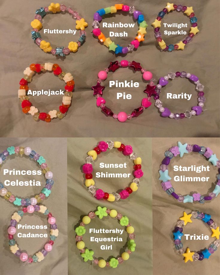 six different bracelets with words on them and stars in the middle, all made out of plastic beads