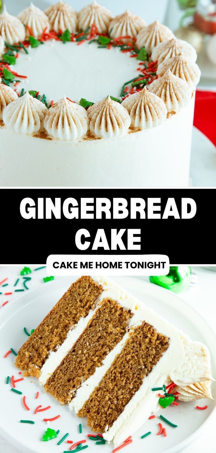 a gingerbread cake with white frosting on a plate