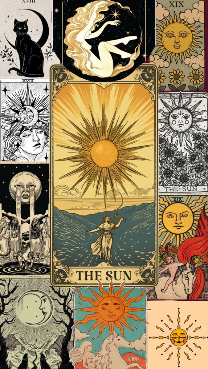 the sun tarot card is shown in different colors