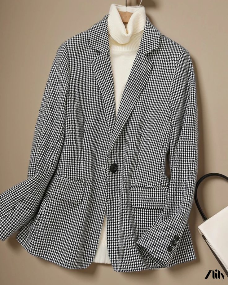 Zlily - Classic Wool Plaid Overcoat Winter Houndstooth Double-breasted Blazer, Winter Houndstooth Blazer With Lapel Collar, Winter Blazer With Houndstooth Pattern And Lapel Collar, Classic Long Sleeve Winter Blazer, Winter Office Blazer With Long Sleeves, Classic Houndstooth Winter Outerwear, Classic Winter Houndstooth Outerwear, Winter Houndstooth Blazer With Notch Lapel, Chic Fall Sport Coat For Office