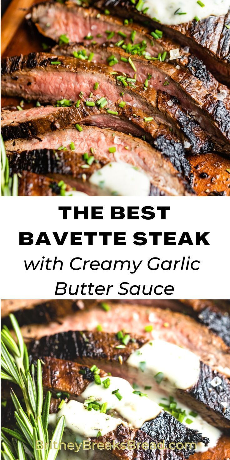 the best barbecue steak with creamy garlic butter sauce and fresh herbs on top is shown