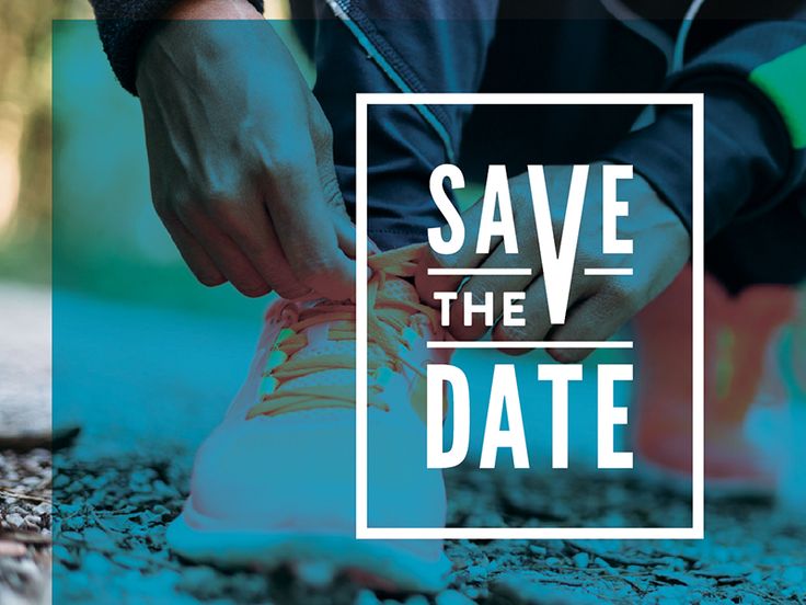 two people tying up their running shoes with the words save the date