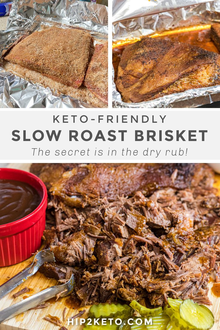 the keto - friendly slow roast brisket is in the oven and ready to be eaten