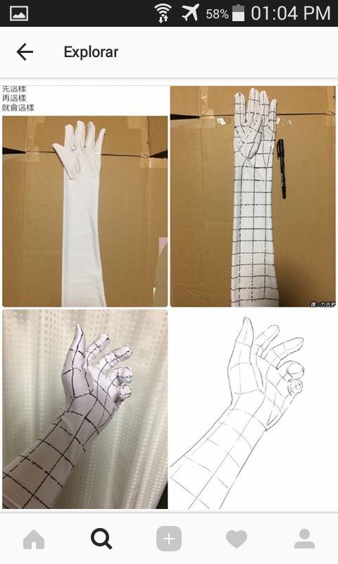 four different views of the same person's hand and glove, with instructions for how to draw them