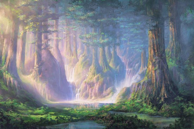 an oil painting of a forest scene with waterfall