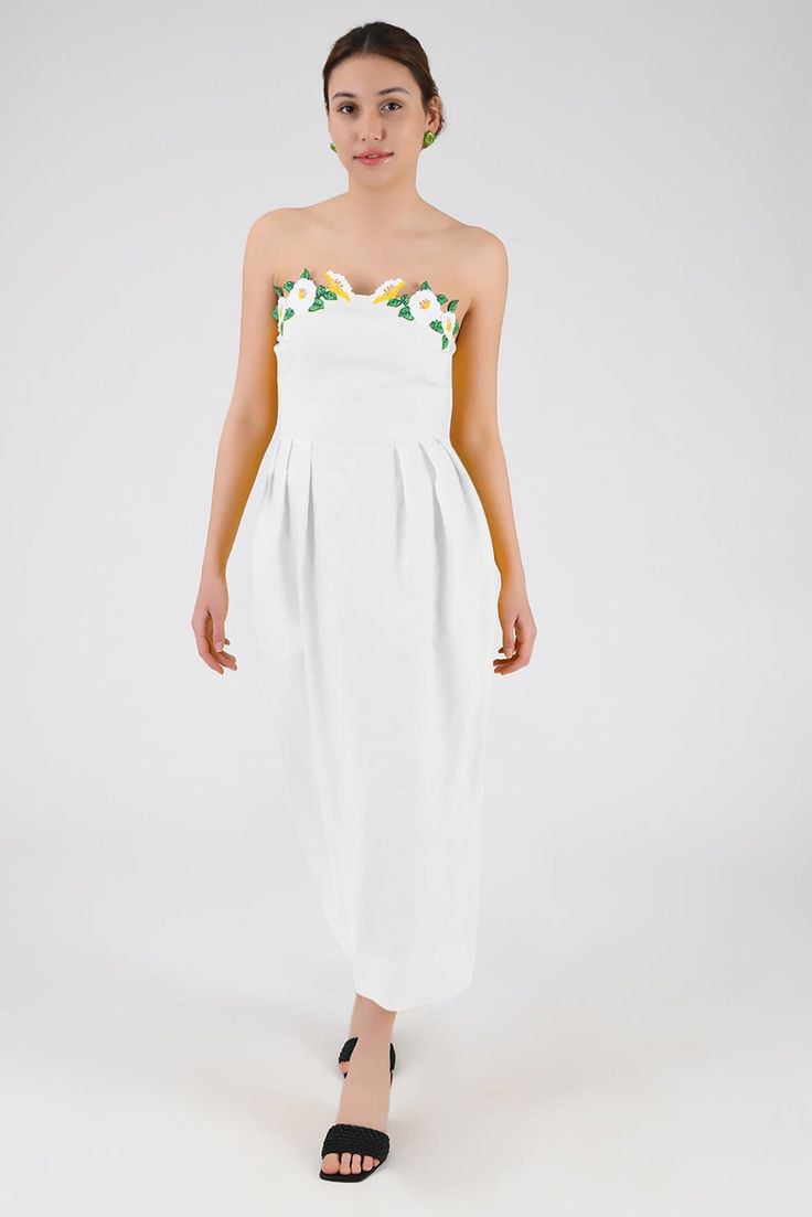 Strapless Linen Lorr Dress flaunts a sheath silhouette embellished with embroidered floral appliques along the neckline. Cotton Midi Dress, Floral Applique, Floral Embroidery, Appliques, Color Combinations, Yellow, Floral, How To Wear