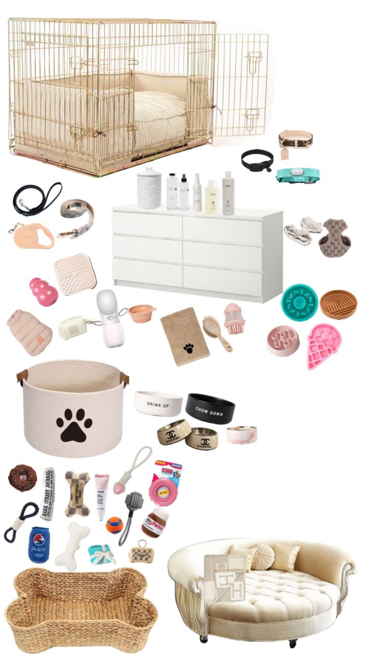 an assortment of items including a dog bed, dresser and other household items are arranged in the shape of a birdcage