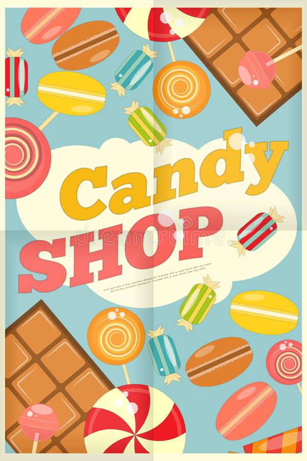 candy shop poster with candies and lollipops